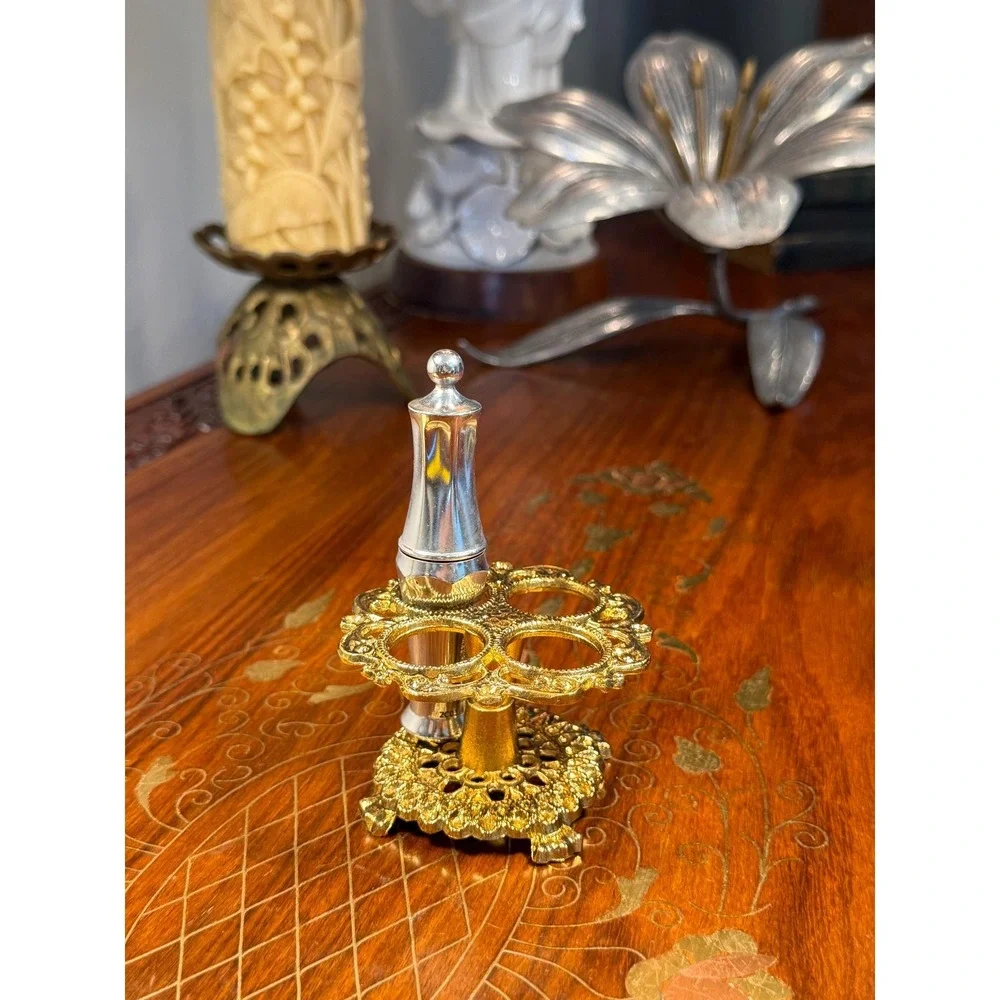Vintage Gold Tone Lipstick Holder • Ornate Hollywood Regency Vanity Organizer